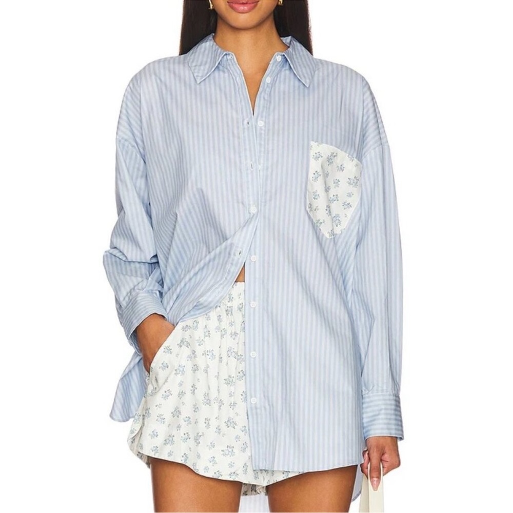 For Love & Lemons Tamren Striped Floral Oversized Relaxed Fit Shirt Sz Large